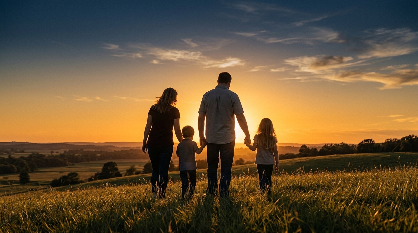 Família unida caminhando ao pôr do sol